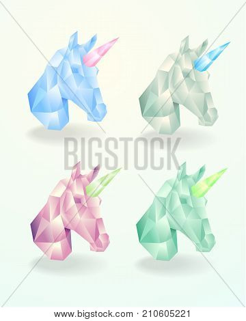 Set of the head of a unicorn. low poly vector design. Polygonal bright 3d design of a cute unicorn. Vector illustration
