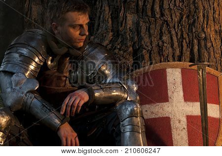 Knight with sword in the tree. Tired after battle