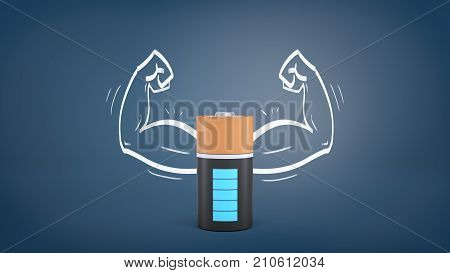 3d rendering of a large black and orange battery with full power indication stands inside a blackboard drawing of muscular arms. Life energy. Power and strength. Sport supplements.