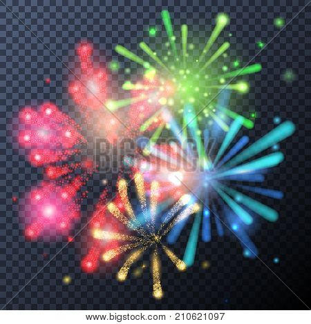 Set of colorful and bright vector fireworks on dark background. Vector illustration for your graphic design.