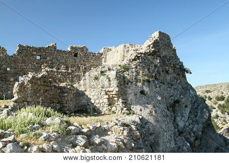 Ruins of the Byzantine fortress of Paleo Pili on the island of Kos. Greece