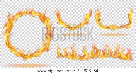 Set of fire flames in the form of ring arc and wave on transparent background. For used on light backgrounds. Transparency only in vector format