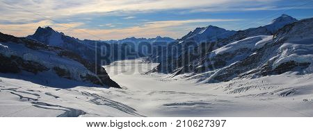 Mountain landscape in the Swiss Alps. Aletsch glacier longest glacier of the Alps.