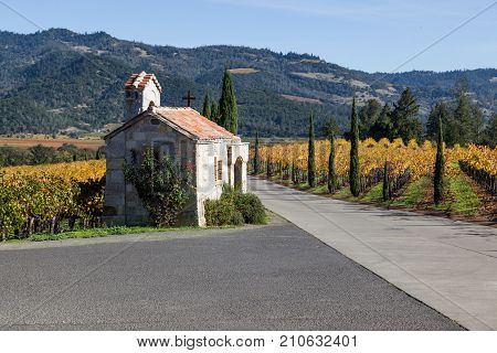NAPA VALLEY CALIFORNIA - November 8 2016 : Castello di Amorosa's small chapel with fall grape vine leaves and a view of distant mountains on November 8 2016 in Napa Valley California.