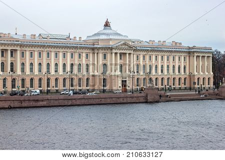 Saint Petersburg Imperial Academy of Arts. The Academy was founded in 1757 by Ivan Shuvalov. Catherine the Great commissioned a new building completed 25 years later in 1789 by the Neva River.