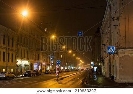 SAINT PETERSBURG, RUSSIA - NOVEMBER 03, 2014: Night street in the Petrogradsky district of St. Petersburg (between 1924 and 1991 named Leningrad). The city was founded by Tsar Peter the Great on 1703