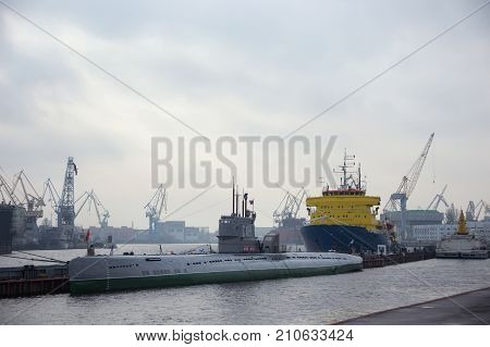 SAINT PETERSBURG, RUSSIA - NOVEMBER 04, 2014: View of the Soviet diesel submarine S-189 (project 613B Whiskey-class) moored on the Lieutenant Schmidt embankment. S-189 is a museum ship now.