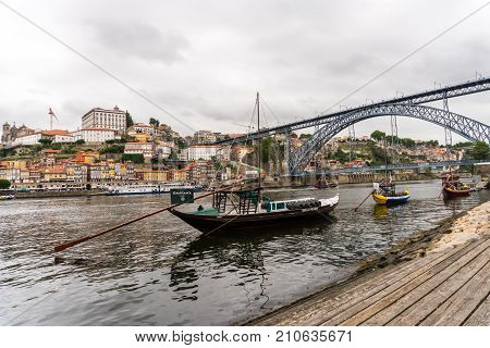 Porto, Portugal - July, 2017. Porto, Portugal Old Town Cityscape On The Douro River With Traditional