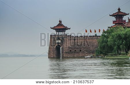 The Old Fortress at Moshan Park Wuhan China. Made from red stone and it's old. This park is for relax and travel in the center of Wuhan. And it's specific name.