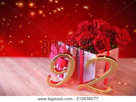 birthday concept with red roses in gift on wooden desk. 3D render - ninety-second. 92nd.