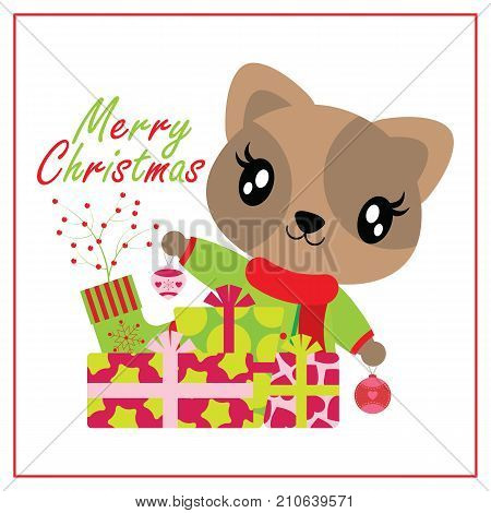 Cute cat girl behind Xams gift  boxes and sock vector cartoon illustration for Christmas card design, wallpaper and greeting card