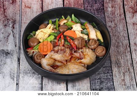 Fried Big Noodle Topped Mixed Vegetables For Organic Food.