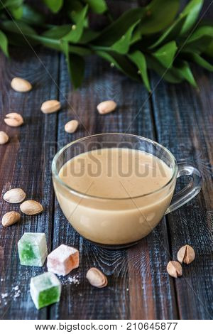 Coffee With Milk, Pistachios And Turkish Delight