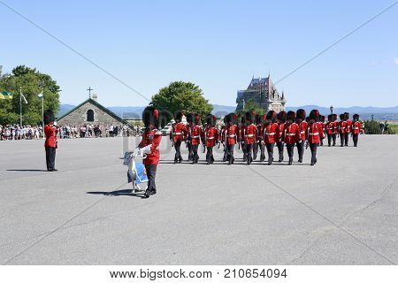 Quebec City, Canada - Jul 25, 2012: The Canadian soldiers from Royal 22e Regiment are having the traditional Changing of Guard ceremony in the historical 