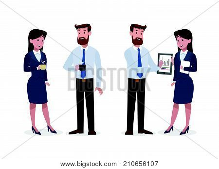 Business Woman And Man In Office With Coffee And Document.eps