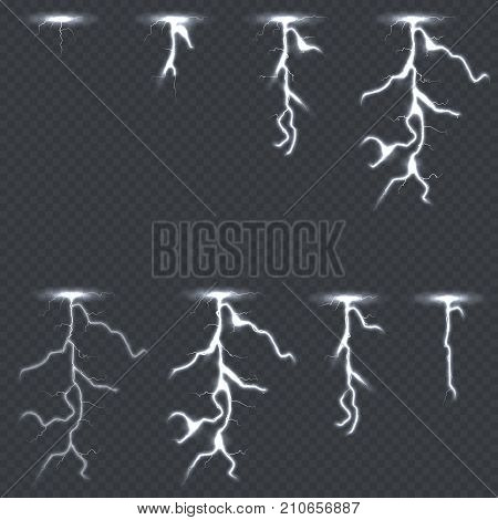 Lighting thunderbolt set isolated on transparent background. Energy spark thunderbolt effect, vector illustration