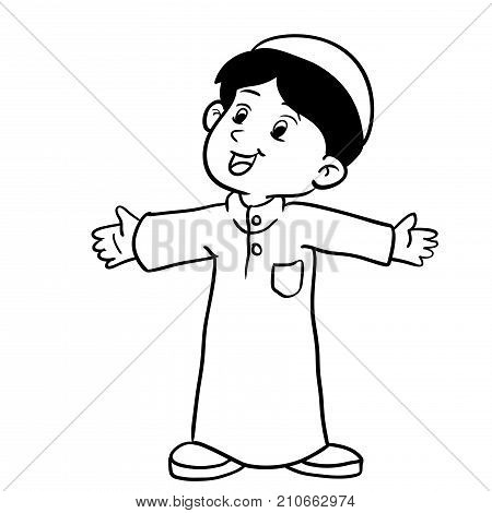 Illustration of Happy Muslim Boy standing Hand drawing style for coloring book-Vector Illustration