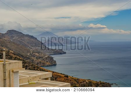 Panorama of the ocean and mountains from the western heights of Crete
