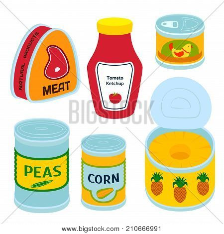 Collection of various tins canned goods food metal container grocery store and product storage aluminum flat label conserve vector illustration. Meal steel cylinder nutrition.