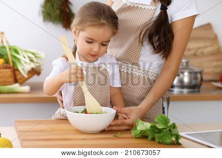 Happy family in the kitchen. Mother and child daughter  cooking tasty breakfest of fresh salad