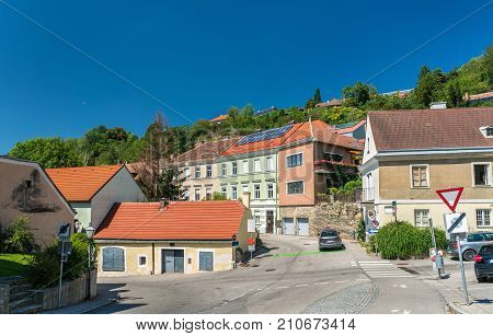 Historic Buildings In The Old Town Of Krems An Der Donau, A Unesco Heritage Site In Austria
