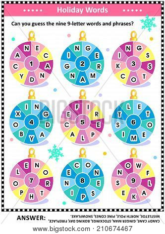 Christmas or New Year word puzzle (English language) with winter and holiday words written around the ornaments: Can you guess the nine 9-letter words? Answer included.