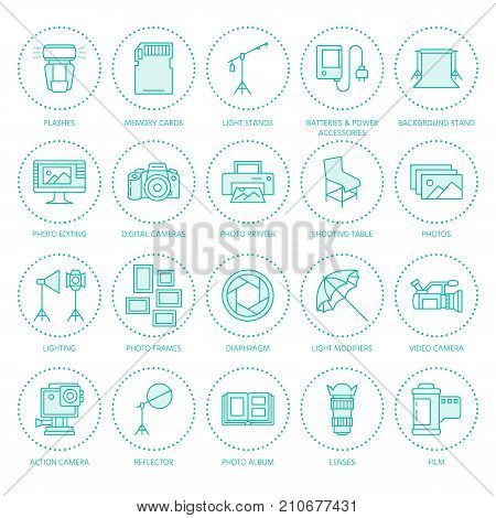Photography equipment flat line icons. Digital camera, photos, lighting, video cameras, photo accessories, memory card, tripod lens film. Vector illustration, signs for photo studio or store.