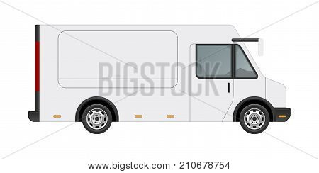 White food truck vector mock up template. Side view of realistic modern delivery service vehicle isolated on white background. Can be used for branding, logo placement, advertising