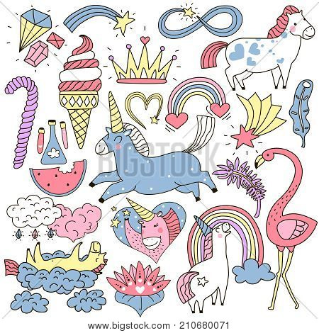 Cute unicorn and fairy elements colorful doodle set including crown, crystals, clouds, feathers isolated vector illustration