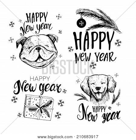 Happy new year. Hand drawn lettering with dogs, gift box, spruice brunch.  Isolated on white background