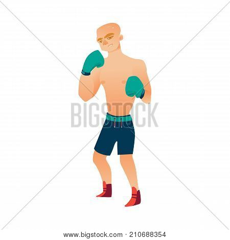 vector cartoon stylized brutal thin, ordinary man bare torso and chest in boxing stand with green box gloves ready to fight in blue shorts. Isolated illustration on a white background.