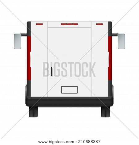 White food truck vector mock up template. Rear view of realistic modern delivery service vehicle isolated on white background. Can be used for branding, logo placement, advertising