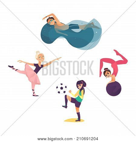 vector cartoon kids doing sports set. Girl playing football, another one doing stretching gymnastics exercise with ball, ballerina dancing, boy swimming in pool. Isolated illustration white background