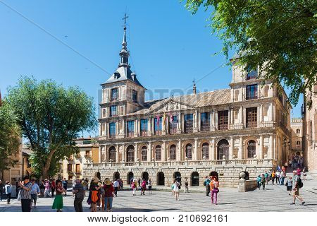TOLEDO SPAIN - June 7 2017: Tourists in Plaza del Ayuntamiento Toledo