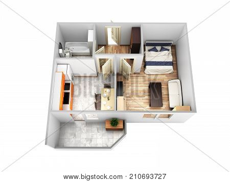 Interior Apartment Roofless Top View Apartment Layout Without Sahdow On White Background 3D Render