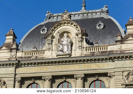 Bern, Switzerland - 2 November, 2014: upper part of the building of the University of Bern, above the entrance to it. The University of Bern is a university in the city of Bern, founded in 1834.