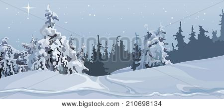 cartoon grey winter forest of snow-covered trees in the snow