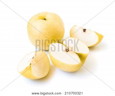 Chinese pear fresh fruit with slices on white background selective focus