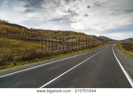 Federal highway M-52 Chuysky tract, asphalt road with markings among the autumn trees. Russia, the Altai Republic.