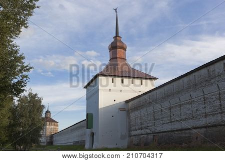 Kirillov, Vologda region, Russia - August 9, 2015: Fortified walls and tower of Kazanskaya Kirillo-Belozersky Monastery