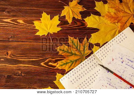 Old School Exercise Book With A Wooden Ink Pen And Yellow Maple Leaves On A Background Of Old Wood .