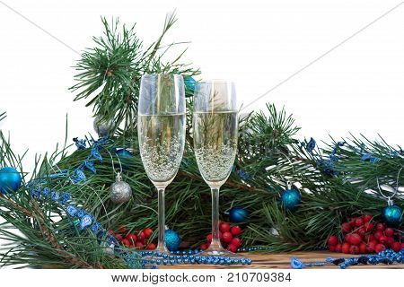 Christmas And New Year Still Life, Champaign Glasses, Pine, Ornament