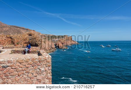BERLENGA ISLAND, PORTUGAL - September 10, 2017: People visiting the island of Berlenga, in Portugal