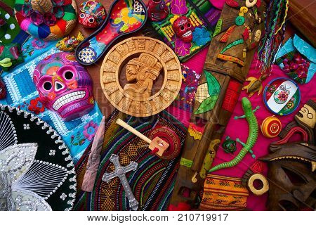 Mayan mexican handcrafts souvenirs carved skulls embroidery