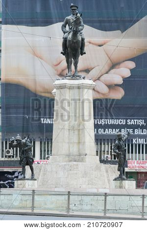 ANKARA, TURKEY - OCTOBER 16, 2017: The Statue of Ataturk in Ulus Square. Ulus, Ankara. The monument was inaugurated on 24 November 1927 and It was restored in 2002.