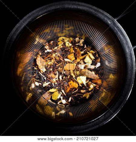 dried fruit tropical mix in tea strainer, mesh steeper
