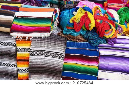 Chichen itza serape blanket in outdoor shop Mexico Yucatan