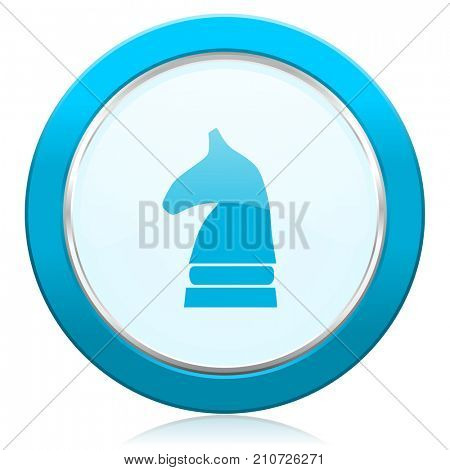 Chess horse blue chrome silver metallic border web icon. Round button for internet and mobile phone application designers.