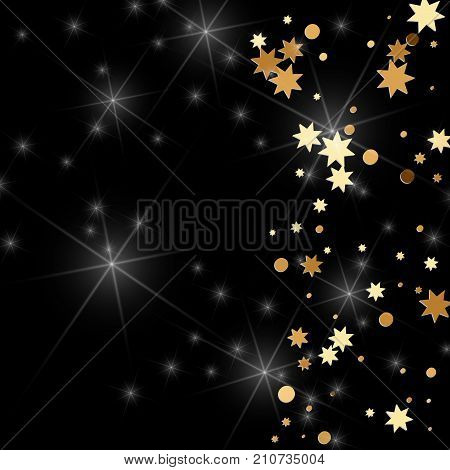 Gold confetti on a black background. Falling stars, glitter, dust and sparkles. Vector illustration. Golden explosion of confetti. Christmas backdrop. Shiny abstract glowing design. New Year cover.