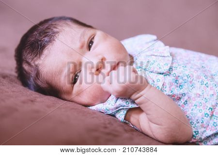 Close up portrait of a cute two weeks old newborn baby girl lying down, eyes open and looking around wearing a floral dress
